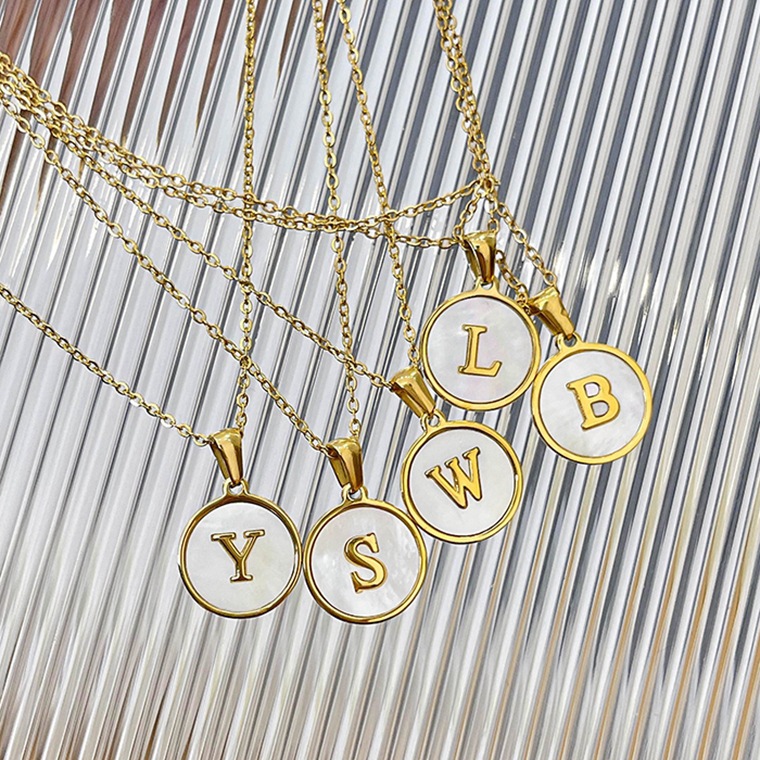 Fashion Round Letter Titanium Steel Inlaid Shell Pendant Necklace