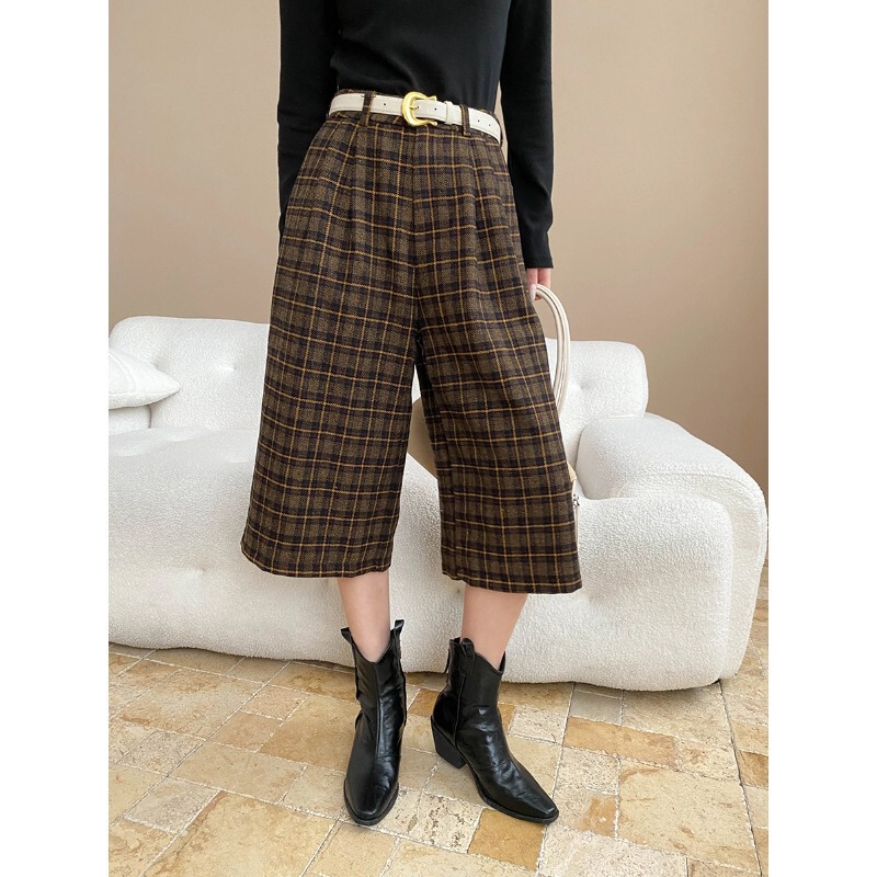 Sinan Autumn Style French Retro Plaid High Waist Loose Straight-Leg Wide Leg Three-Quarter Casual Pants Sn8280