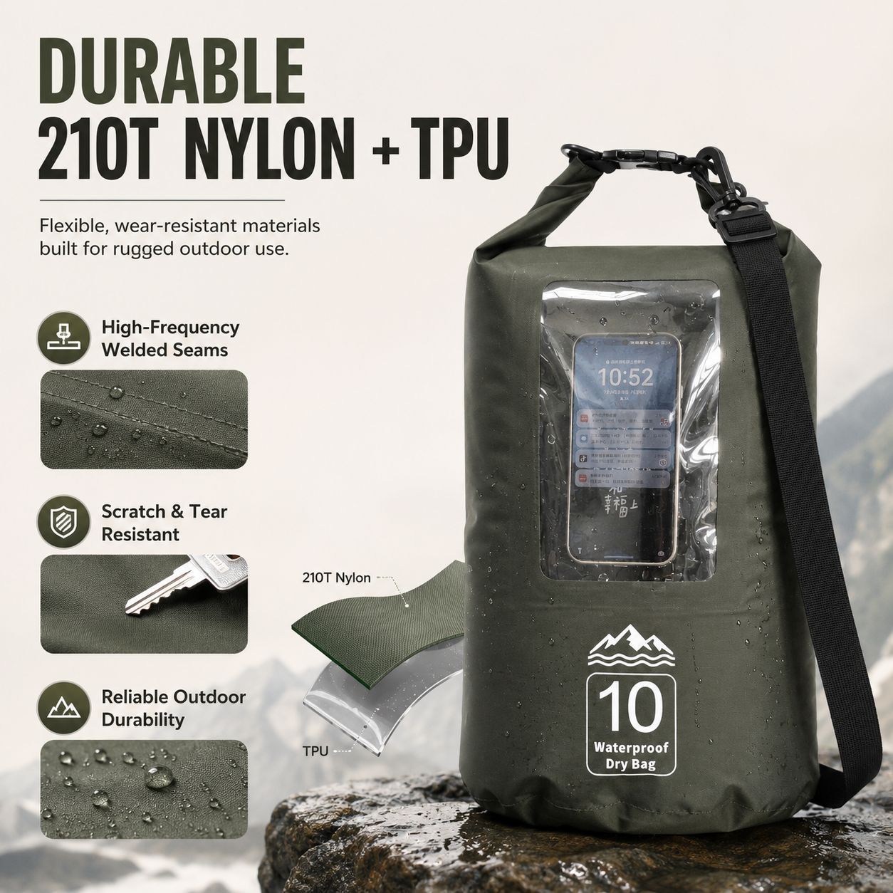 Outdoor Waterproof Bag 10L Nylon Tpu River Swimming Storage Bag Mobile Phone Waterproof Bag Water Sports Storage Bag