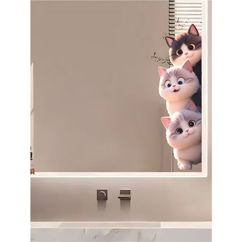 Cute Cat Bathroom Mirror Stickers Self-Adhesive Bathroom Cover-Up Magic Decorative Small Patterns High-End Glass Stickers