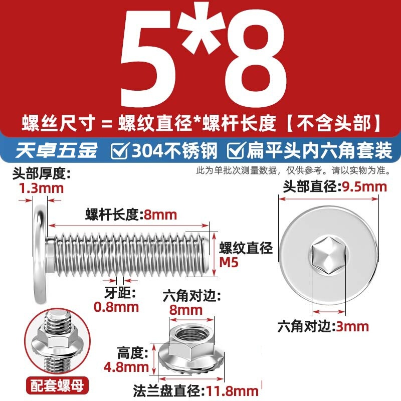 304不锈钢CM大平头超薄头C头扁平头内六角螺丝钉法兰边螺母套装M5|undefined