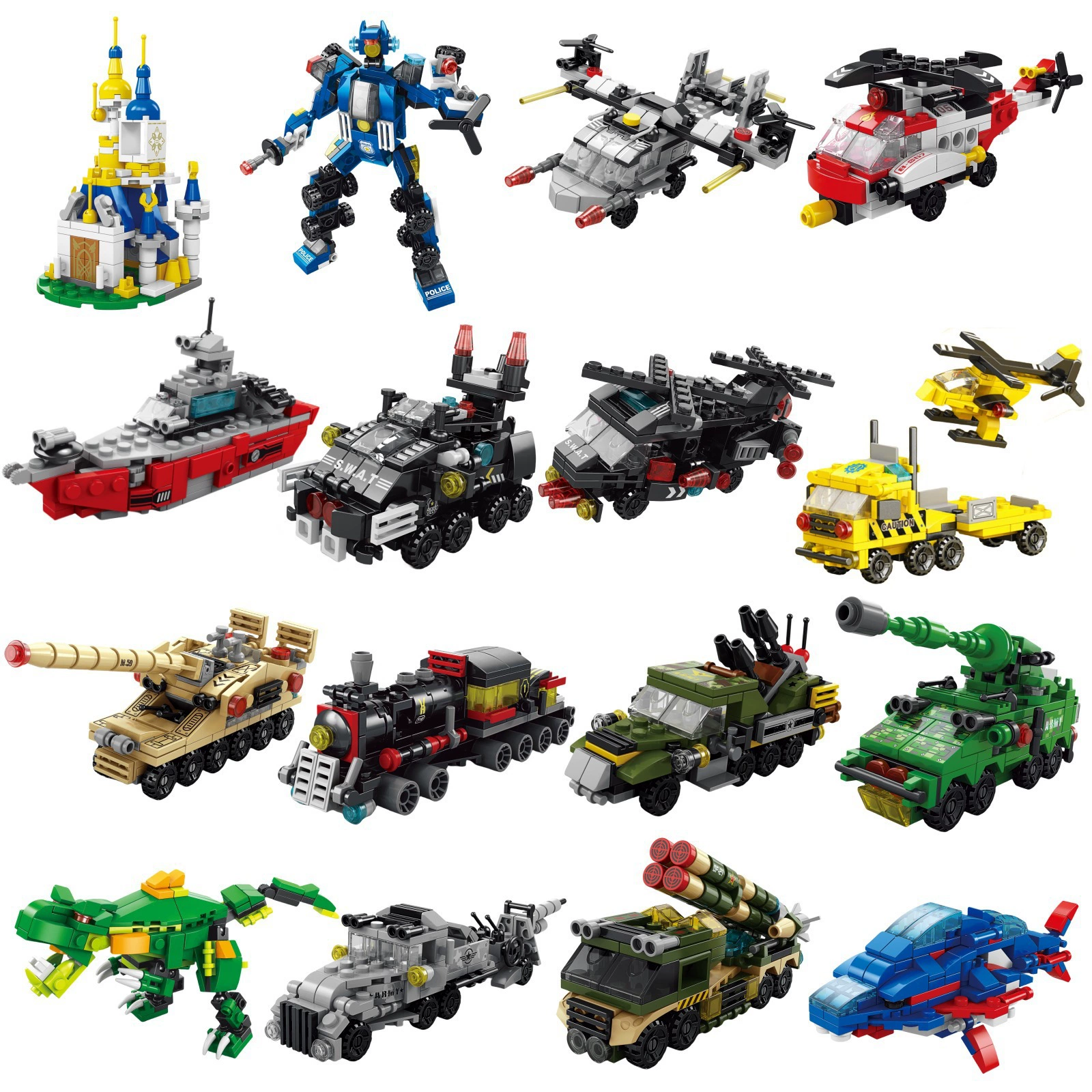 Compatible with Lego Six-In-One Small Particle Building Blocks Tanks Dinosaur Military Swat Model Children's Educational Toys Wholesale