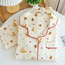 甜美卡通纯棉纱布睡衣女士春秋款薄款长袖宽松大码家居服套装外穿