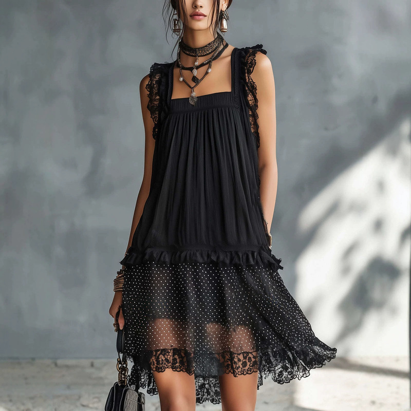 2026 Cross-Border European and American Women's Fashion Chiffon Sleeve Polka Dot Lace Square Neck Dress 2026 Cross-Border European and American Women's Fashion Chiffon Sleeve Polka Dot Lace Square Neck Dress