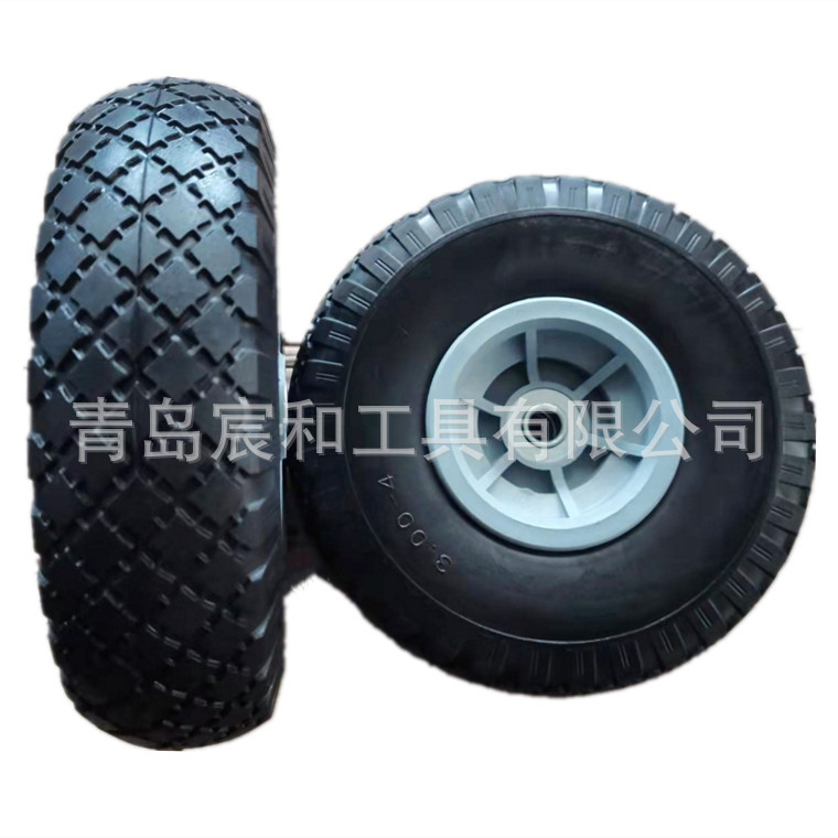 工具车10英寸3.00-4实心聚氨酯PU发泡轮免充气防刺穿轮 塑料轮毂