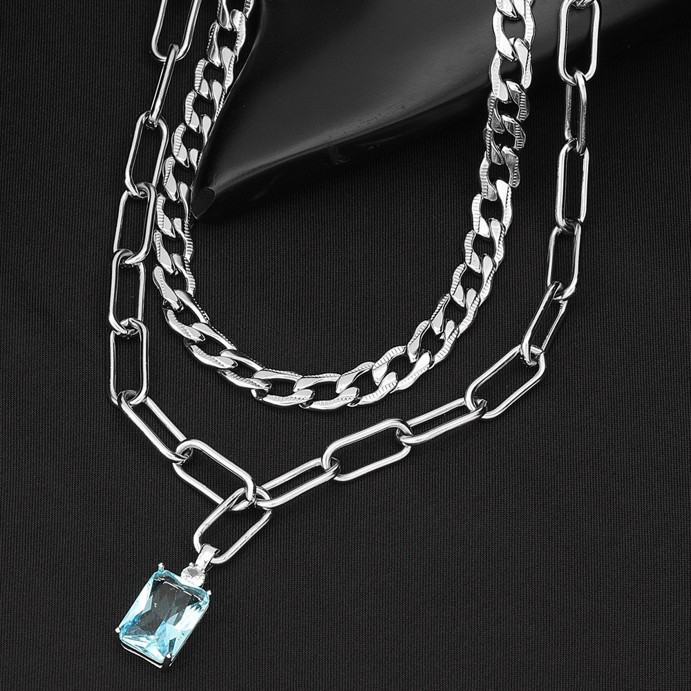 Double Layer Men's Necklace With Blue Zircon Titanium Steel_voghion.com
