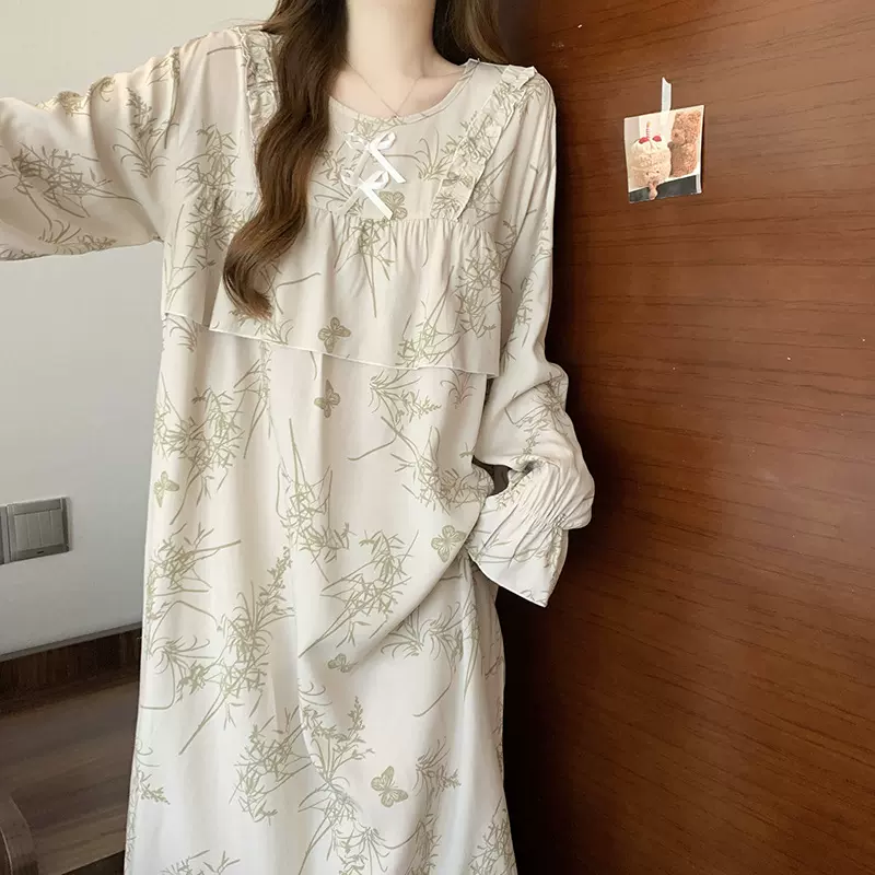 棉绸睡裙女2025夏新款长袖沙滩连衣裙薄款可外穿ins风家居服批发
