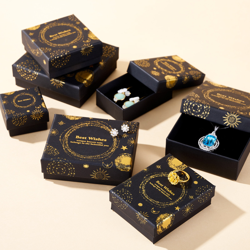 In Stock Black Hot Stamping Jewelry Box Classic Gold-Plated Watch Box Accessory Packaging Box Luxury Earring Ring Necklace Box