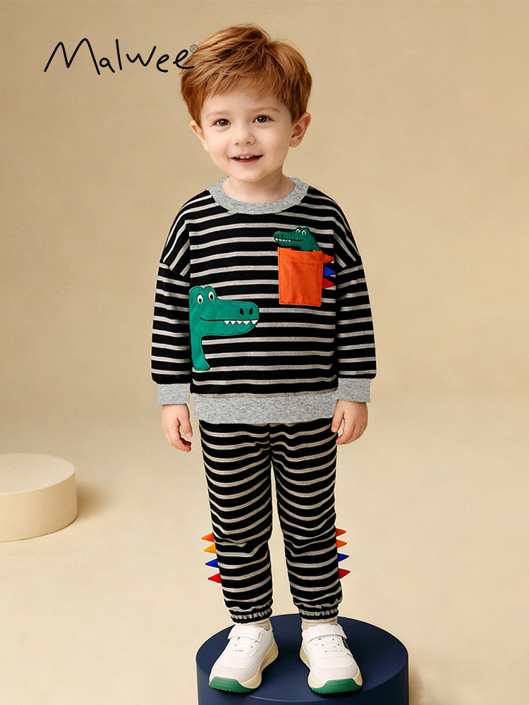 Malwee Boys Sweater Set Otoño Invierno guapo camiseta de cuello redondo a rayas para usar pantalones de cintura elástica set de dos piezas
