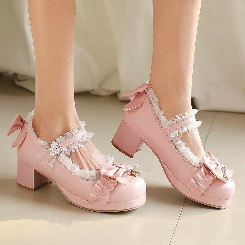 2025 Sweet Bow Radium Lace Thick Medium Heel Single Shoes Water Platform British College Style Lolita Women's Shoes