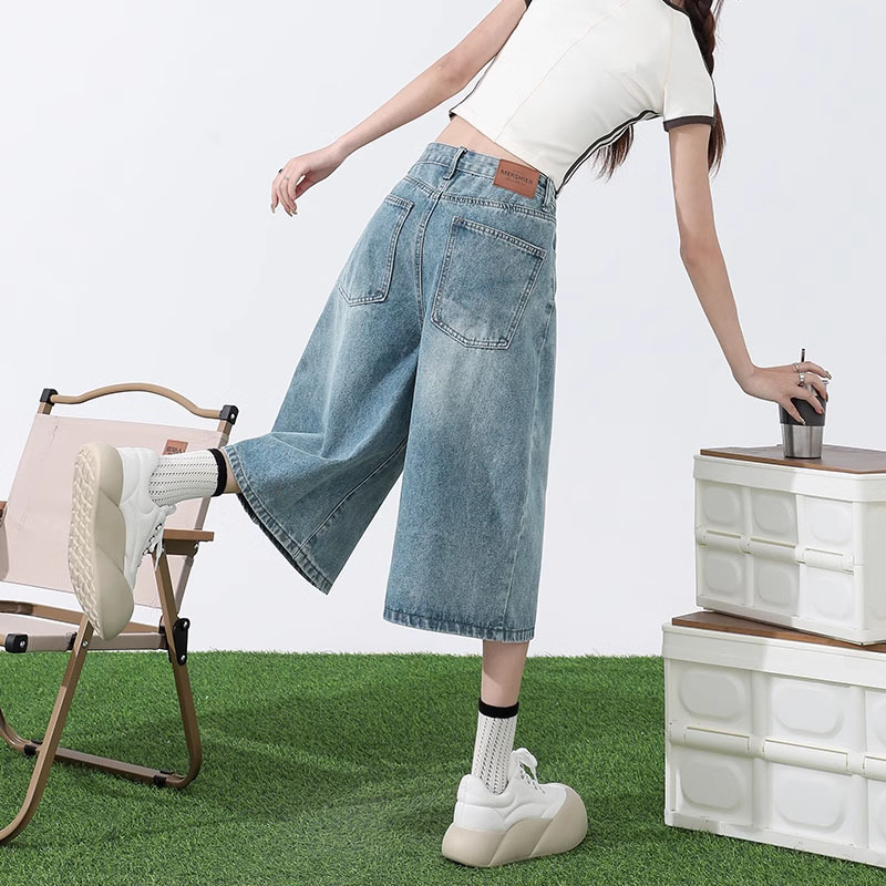 Light Blue Cropped Wide-Leg Jeans for Women Summer 2025 New Pear-Shaped Loose Slimming Straight-Leg Cropped Pants