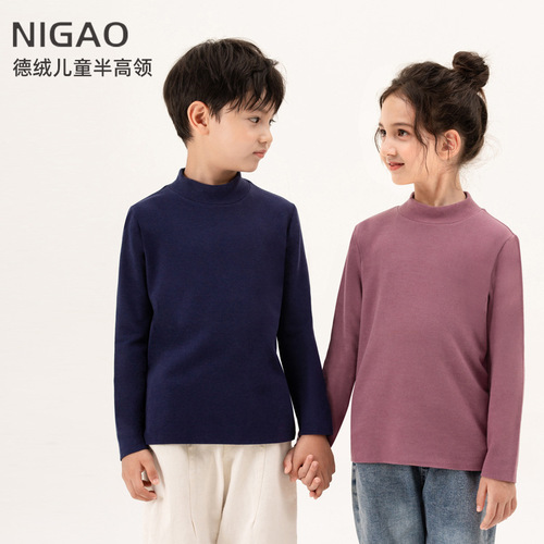 Winter new German velvet vertical striped children's half turtleneck bottoming shirt solid color double brushed thermal underwear tops wholesale