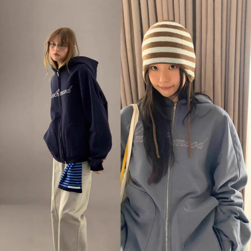 Now Smoothm**D Hooded Fleece Sweatshirt Korean Designer Women's Clothing Letter Embroidery Thickened Korean Style Jacket