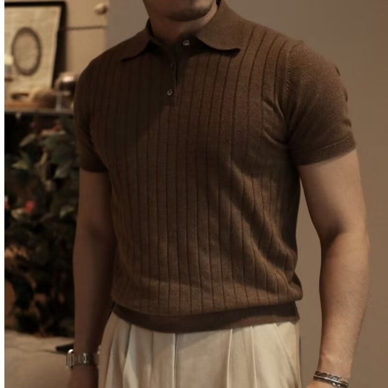 Camisa POLO, solapa, suéter de manga corta, camiseta de negocios británica a rayas para hombres, marea de seda de hielo de verano, comercio exterior transfronterizo al por mayor