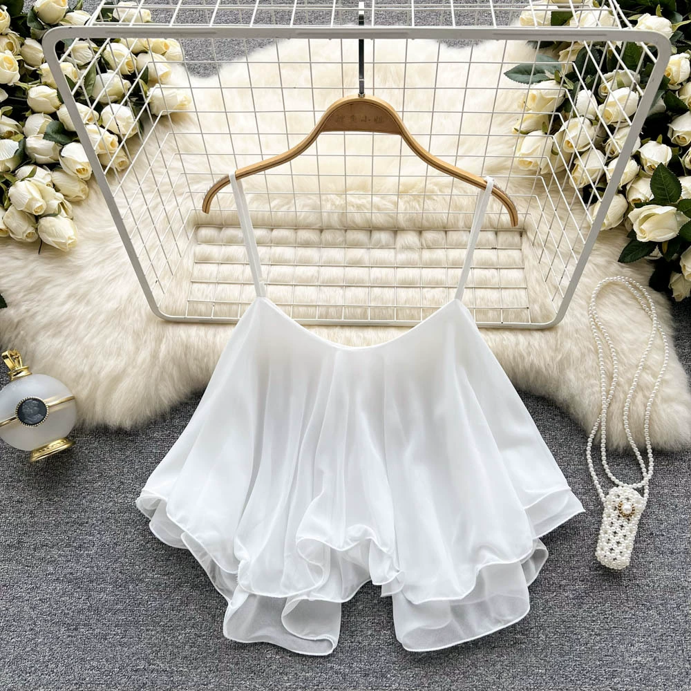 Off-shoulder Ruffled Chiffon Blouse, Double-Layer Sleeveless, 2022 Summer, One Size
