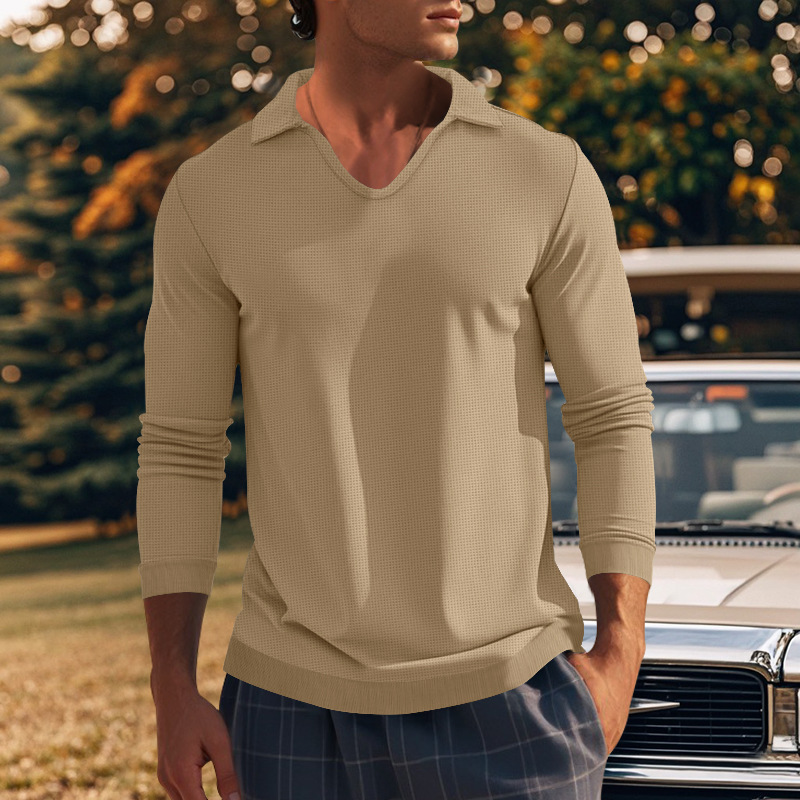 Podzimní a zimní americké pánské tričko s dlouhým rukávem, tenký střih, vaflový styl, slim fit, klopový pletený svetr pro muže_voghion.com