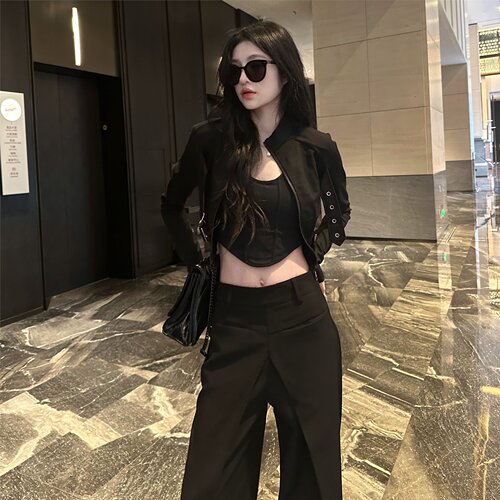 Metal fastener strap long sleeve women's turtleneck sweet cool niche spring and autumn season spicy girl open jacket zipper 2025