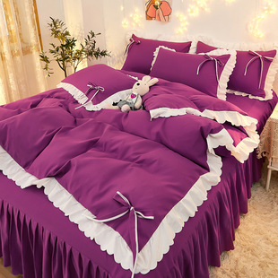 Cross-border Princess Style Solid Color Sanding Bow Lace Bed Skirt Four-piece Set Simple Skin-friendly Bed Sheet Quilt Cover Wholesale
