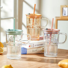 网红熊猫玻璃浮雕吸管杯家用高颜值玻璃水杯果汁杯带盖批发