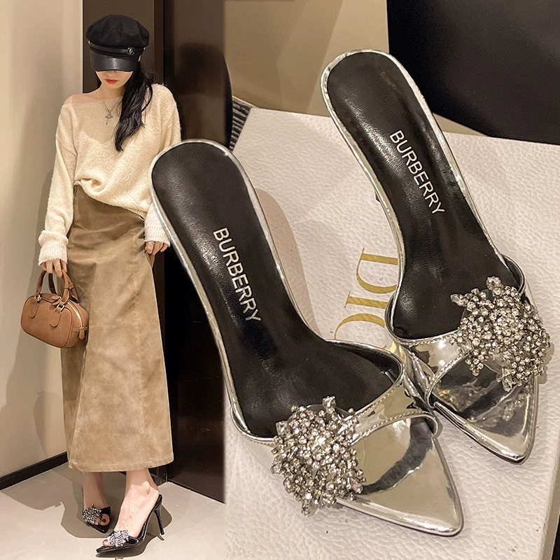 Заостренные тапочки на каблуках 2025 новый стиль весна лето французская лакированная кисточка со стразами тапочка на высоком каблуке женская обувь носить летом