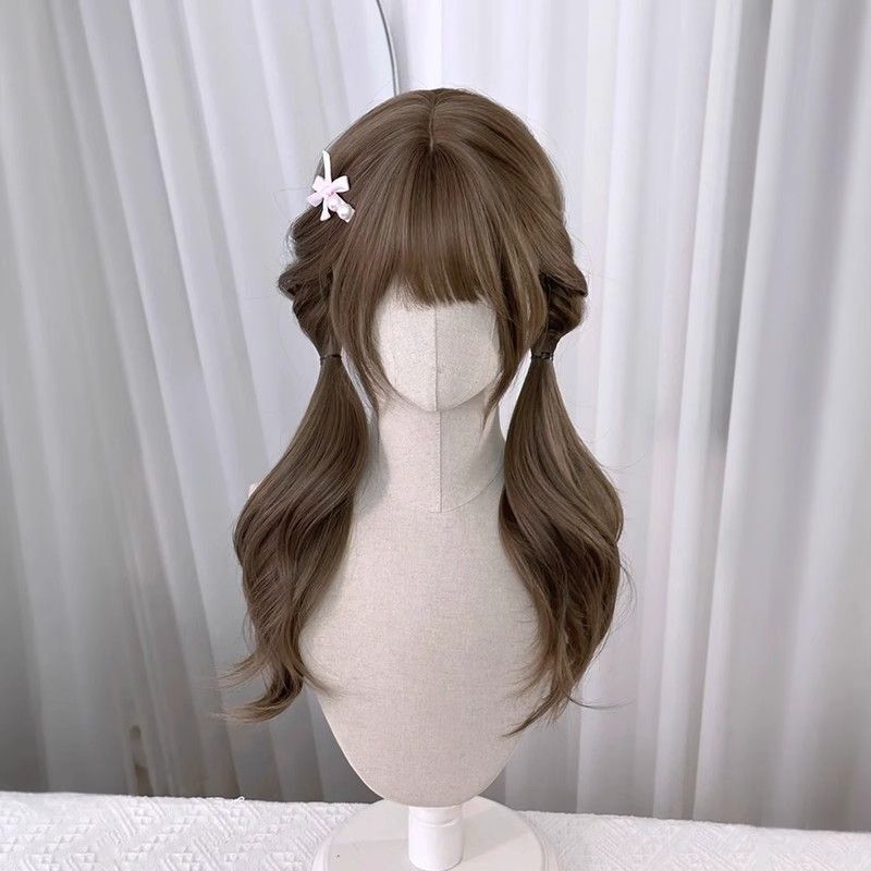 Hazelnut Gray Brown Long Curly Bangs Face-Slimming Whitening Lolita Natural Realistic Seamless Full Wig