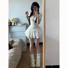 韩系辣妹穿搭套装女夏季假两件碎花拼接短袖T恤+蓬蓬蛋糕裙一整蜜