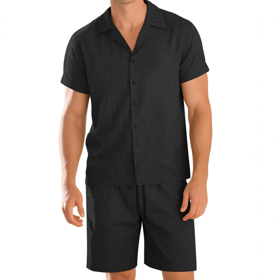 Monochrome Herren-Kombination aus lässigem Hemd, Cardigan und Shorts für Strand und Sommer – perfekt für Pendler und alle, die es etwas bequemer mögen._voghion.com