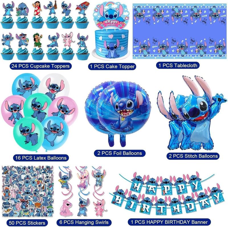 スポットブルーステッチテーマパーティーデコレーション子供の誕生日フラグケーキカードバルーンステッカーセット|undefined