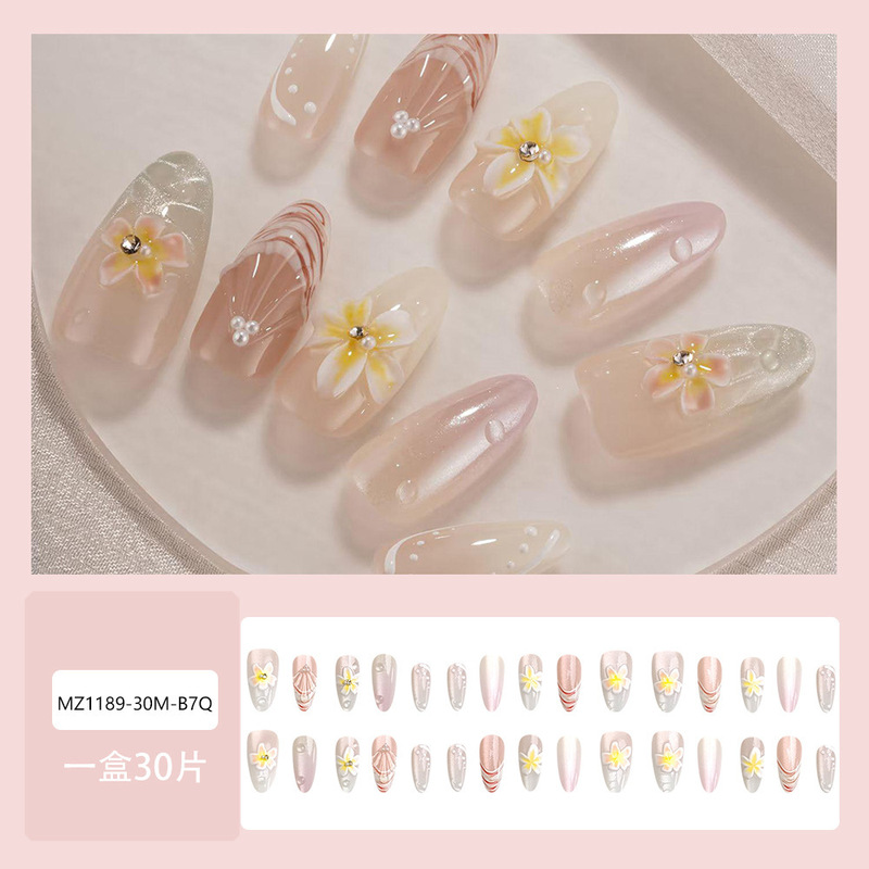 Ins-style seaside 3D flower and shell press-on nails, nude pink gradient with pearls and rhinestones, almond-shaped high-end fake nails Ins-style seaside 3D flower and shell press-on nails, nude pink gradient with pearls and rhinestones, almond-shaped high-end fake nails