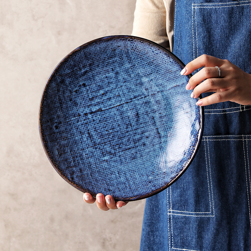 Plato de cerámica creativo, cubiertos de comedor, tela de cerámica transfronteriza, platos occidentales, cubiertos de cerámica azul profundo