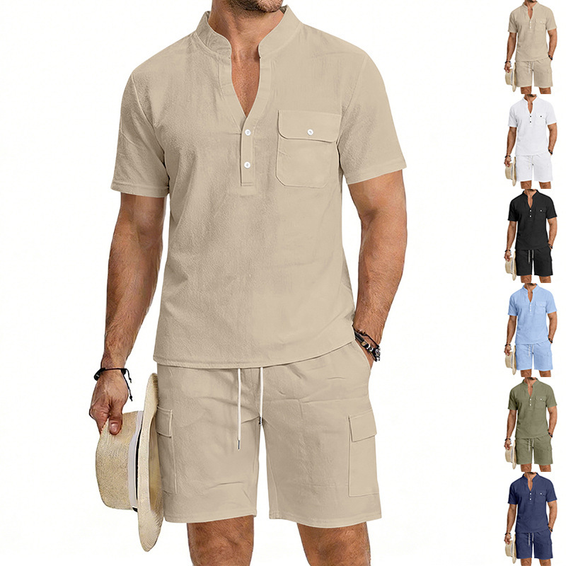 Cross-border European and American men's linen summer solid color short-sleeved Henley shirt and shorts set, cotton and linen breathable two-piece set