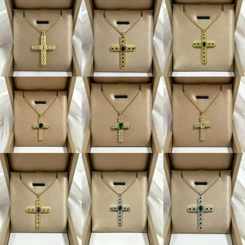 European and American Cross-Border New Style Colorful Zircon 18K Gold-Plated Cross Necklace with Niche Design, Light Luxury, Fashionable and Versatile European and American Cross-Border New Style Colorful Zircon 18K Gold-Plated Cross Necklace with Niche Design, Light Luxury, Fashionable and Versatile
