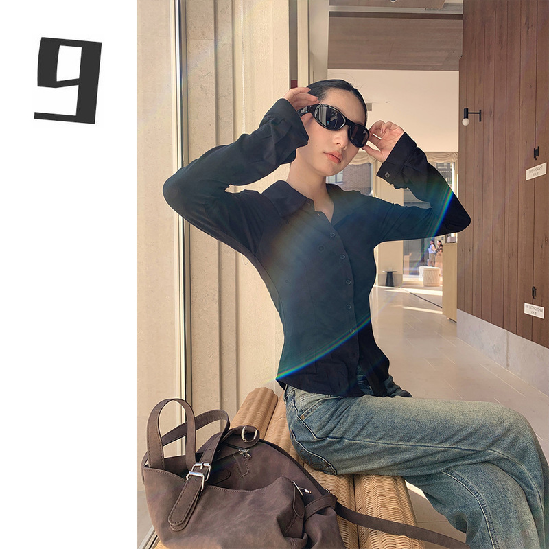 [9Hour] American Style Waist-Cinching Long-Sleeved Shirt for Women 2025 Autumn and Winter Slightly Flared Sleeve Tencel Top C252083