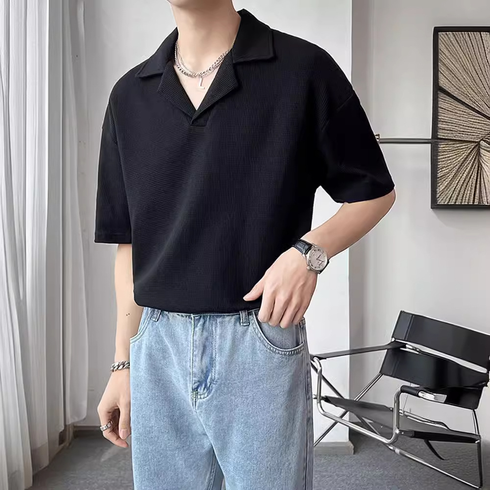 boy Light Mature Cuban Collar Shirt Short Sleeve Trendy Brand Niche Design Men's Fashion 2022 New Hairstylist Inner Wear Top_viptrois.com