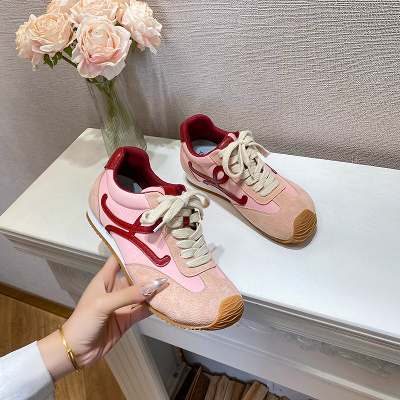 Giày sneaker nữ dáng Agandexun buộc dây tăng chiều cao bên trong 5 cm, mũi tròn, phong cách casual — Màu hồng, Màu nâu đậm, Màu xám, Màu đen