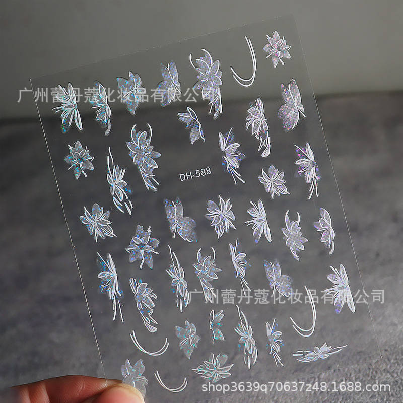 Pegatinas de uñas populares elegantes pétalos blancos semitransparentes mariposa fragmentos de vidrio de Aurora de colores con pegatinas adhesivas para uñas