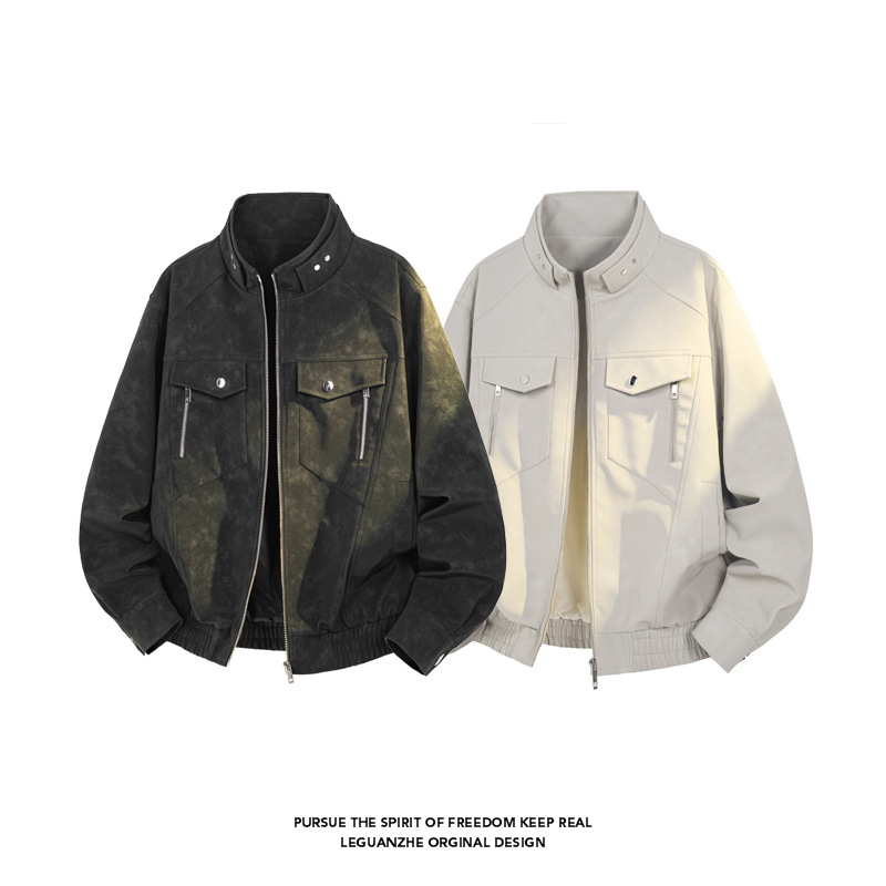 American Retro Workwear Leather Jacket For Men, Spring Cleanfit Flight Stylish Stand-up Collar Baseball Jacket, Trendy_voghion.com