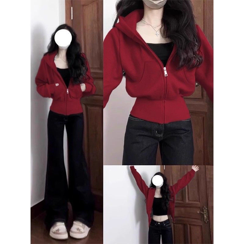 Autumn's Most Attractive Burgundy Hooded Sweatshirt Jacket for Women, 2025 New Popular Style, Petite Casual Cardigan Top