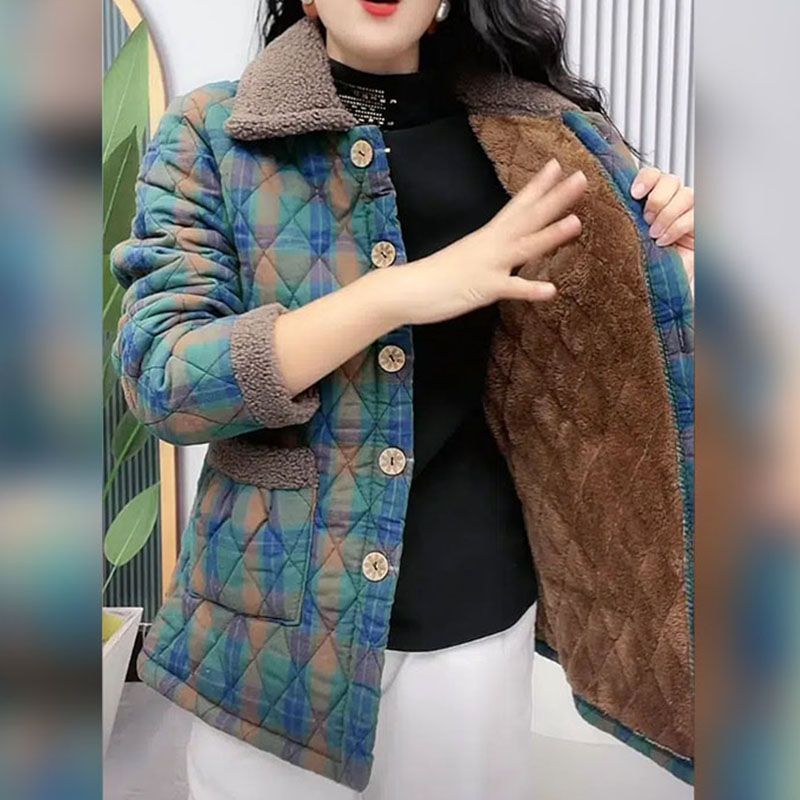 Mom's new winter cotton coat plus velvet thickened warm wool collar cotton coat middle-aged and elderly women's high-end plaid cotton coat