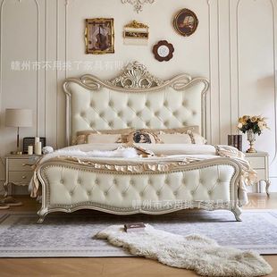 French-Style Light Luxury Solid Wood Double Bed 1.8m European-Style 1.5 Single Modern Wedding Bed Master Bedroom Large Bed American-Style Princess Bed