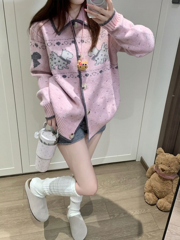 韩系软糯粉色2025秋冬新款休闲百搭费尔岛花纱小狗提花毛衣外套女|undefined