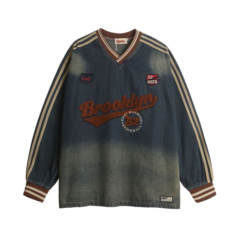 American Retro Towel Embroidery Letter V-Neck Washed Denim Sweatshirt Unisex Street Hip-Hop Ins Loose Top Trendy American Retro Towel Embroidery Letter V-Neck Washed Denim Sweatshirt Unisex Street Hip-Hop Ins Loose Top Trendy