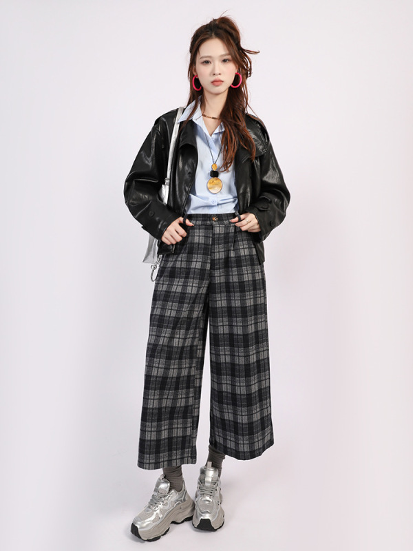 菲媛英伦风格纹八分裤女 秋冬新款休闲显瘦宽松舒适小个子阔腿裤|undefined