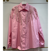 欧货重工提花刺绣单排扣翻领宽松中长款衬衫女大牌设计感显瘦