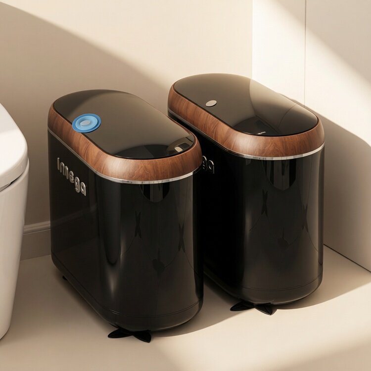 High-Quality Walnut Wood Grain Bathroom Trash Can, Vintage-Style Large Double-Layer Narrow Gap Wastebasket for Living Room and Toilet