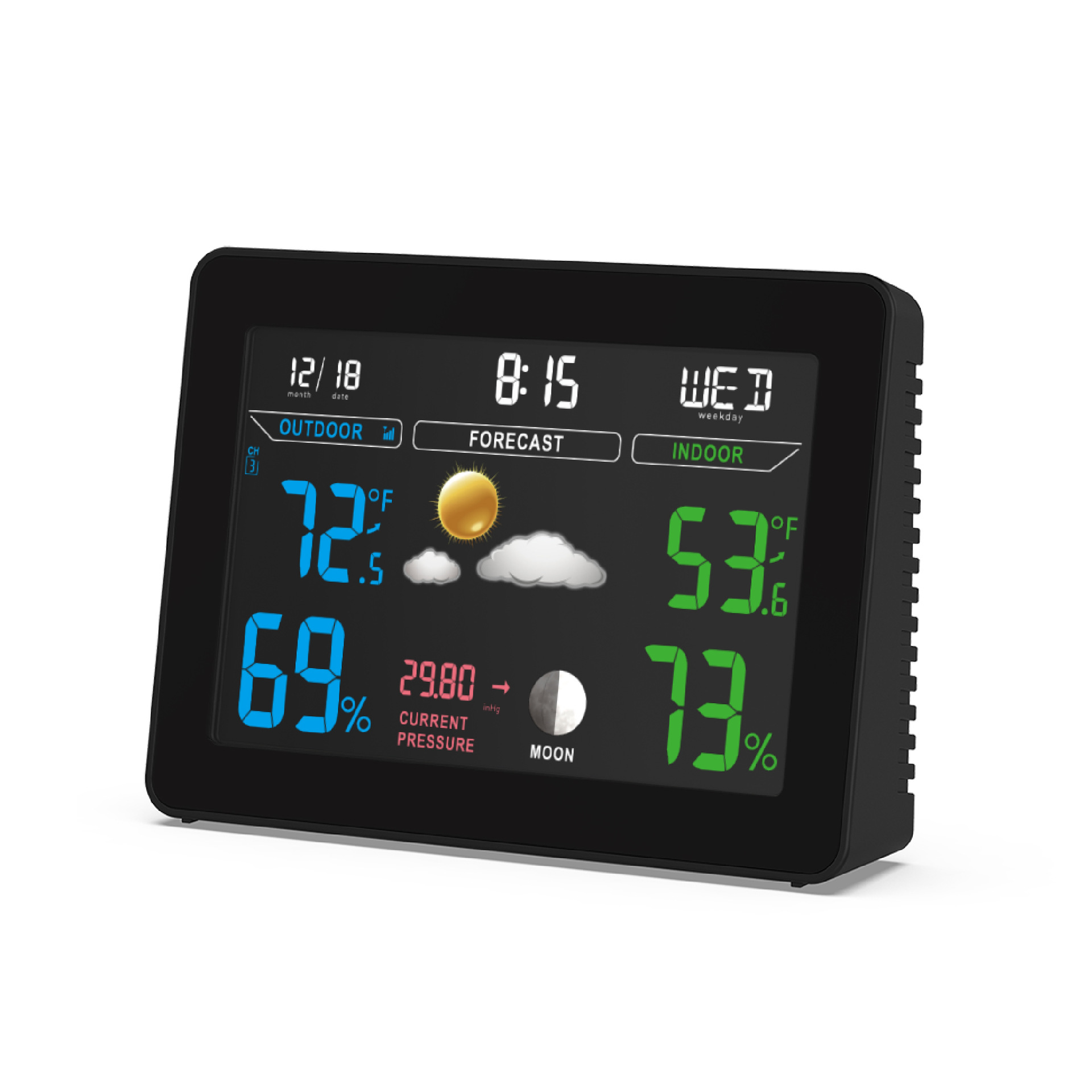 彩屏天气预报钟电波钟多功能万年历日出日落电子闹钟无线气象钟