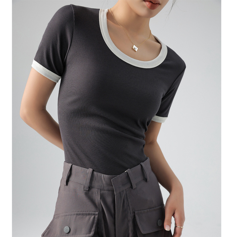 Camiseta de Verano para Mujer, Cuello Redondo, Manga Corta, Bloques de Color, Estilo Moderno, Imitación Algodón, Estilo Francés image 10