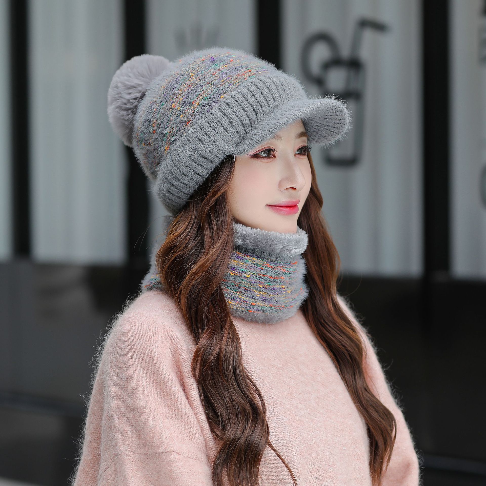 Sombrero de lana enarbolado para mujer Otoño e Invierno estilo coreano de moda bufanda a prueba de frío cálido conjunto de dos piezas sombrero de punto forrado de lana