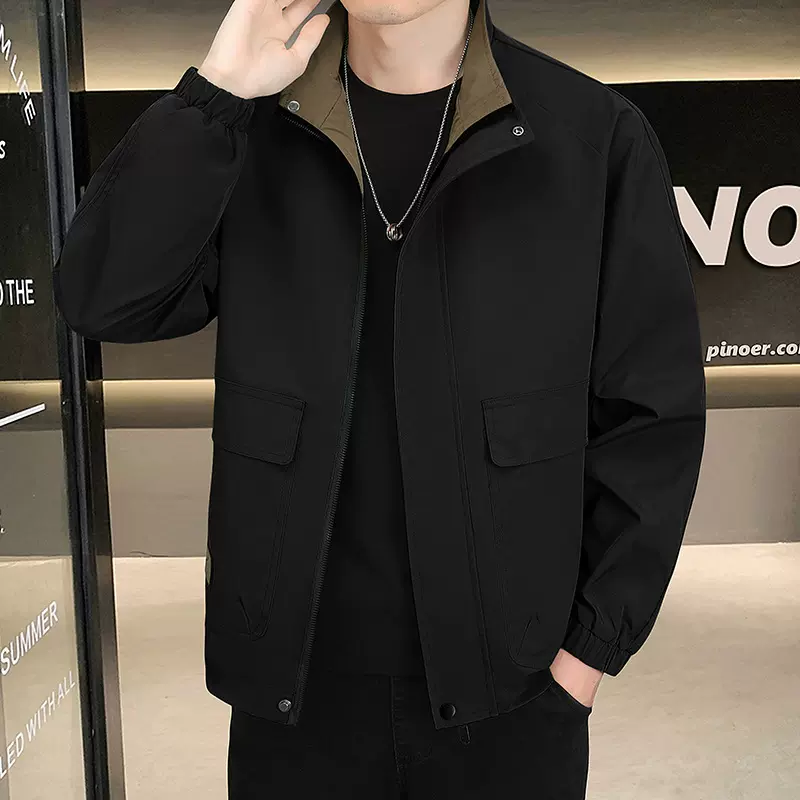 春季新款热男士拉链工装夹克撞色立领多口袋设计宽松休闲百搭上衣