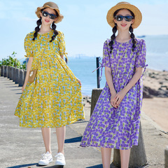 中大女童連衣裙2024新款洋氣泡泡袖公主長裙子女孩沙灘裙純棉夏季